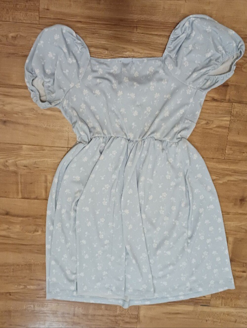 Light Blue Floral Puff Sleeve Mini Dress | Cottagecore Babydoll Dress - Picture 4 of 4